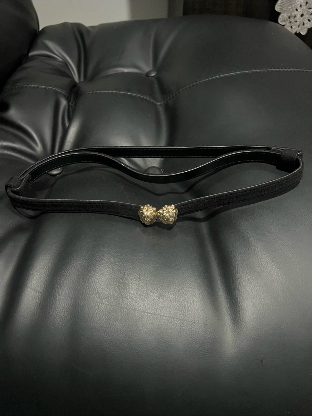 Anne Klein Black Elastic Belt with Gold lion head Detail